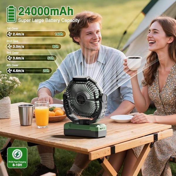 FRIZCOL 3-in-1 Camping Fan - Portable Fans Rechargeable - 24000mAh Battery Powered Fan(140Hrs) with Light & Remote for Indoor, Outdoor, Tent, Travel, BBQ, Fishing, Jobsite - Green - Image 4